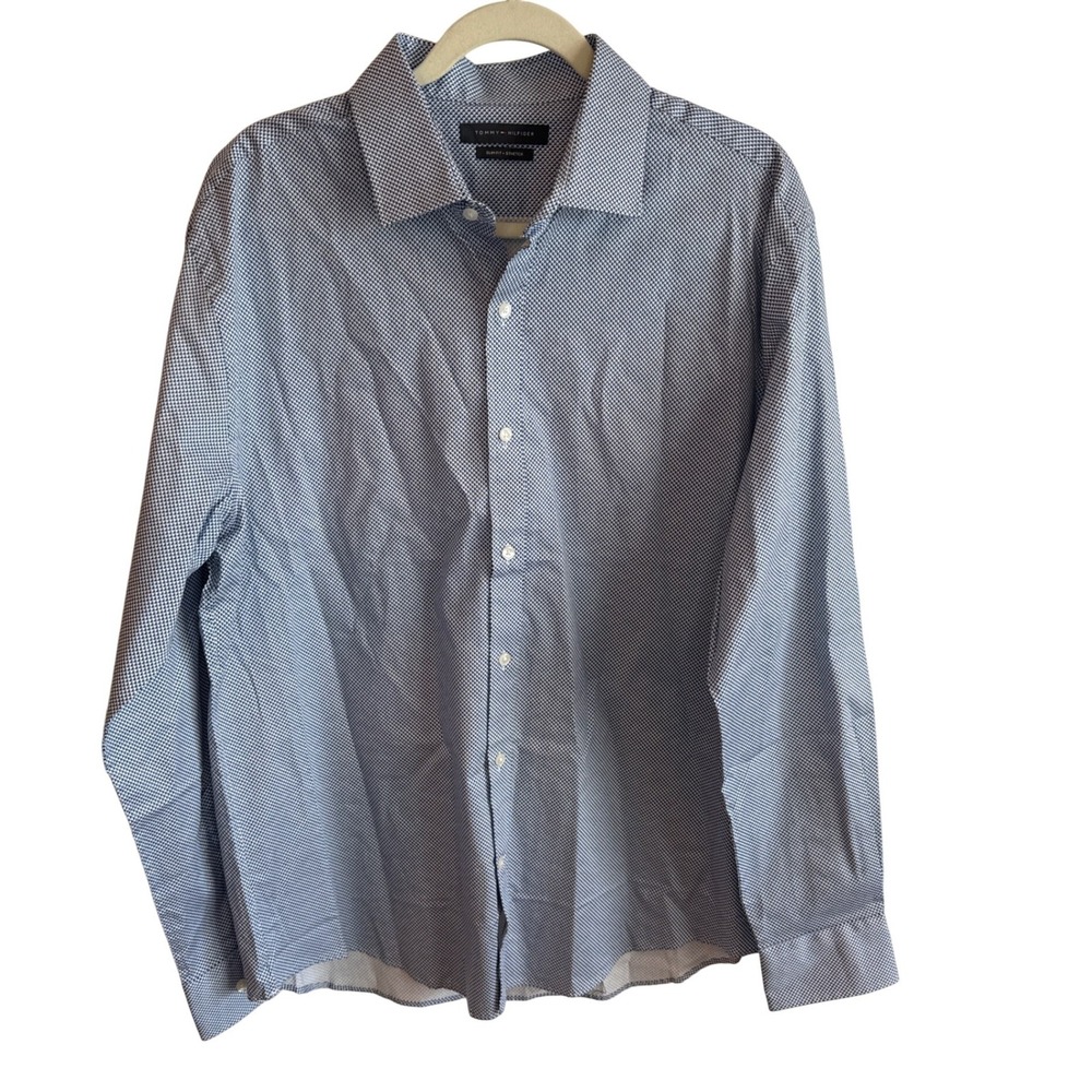 Tommy Hilfiger Mens Slim Fit Stretch Dress Shirt Blue Geometric 17‎ 34-35 XL NEW